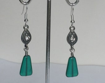 Antiqued Silver with Teal Pressed Glass Earrings