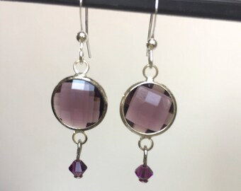 Mauve/Purple Crystal in Silver Frame and Amethyst Swarovski Crystal Dangle Earrings
