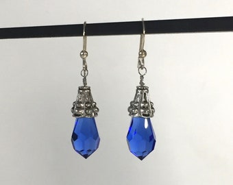 Blue Crystal Drops with Antiqued Silver Earrings