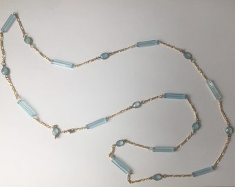 Long Aqua Layering Necklace with Semiprecious Celadon Ovals Necklace