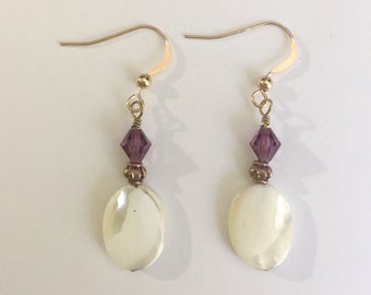 Mother of Pearl MOP, Copper and Amethyst Swarovski Crystal Earrings