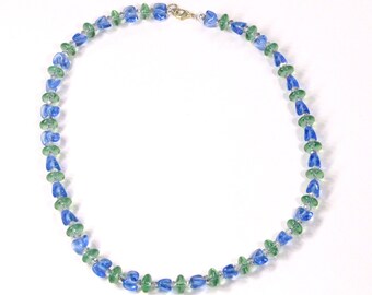 Green Fluorite and Blue Glass Bead Necklace with Champagne Crystals