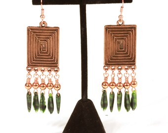Copper Maze Earrings with Copper Beads and Green Czech Glass Dangles