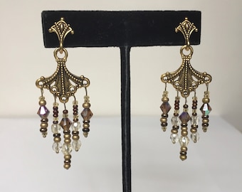 Antiqued Brass Stud Dangle Earrings with Swarovksi Crystals and Seed Beads