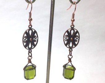Ornate Copper Ovals with Green Rectangle Crystals