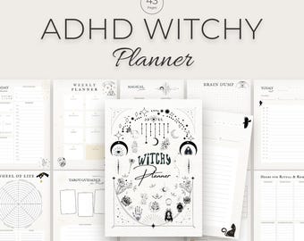 May include: A 43-page printable ADHD Witchy Planner PDF available in A4, A5, and US Letter sizes. The cover features black line art of celestial, mystical, and botanical symbols with the text "ADHD WITCHY Planner" in a clean, modern font.