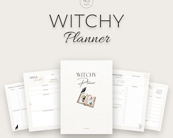 May include: A digital planner set titled Witchy Planner with 43 pages in US Letter, A4, and A5 sizes. The cover features an open book illustration with a black crow. Interior pages include templates for spell journals, herbs for rituals, and daily schedules.