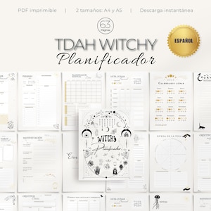 May include: A printable planner designed for people with ADHD who are interested in witchcraft. The planner is in Spanish and contains 63 pages. It includes sections for daily planning, goal setting, mood tracking, and more. The cover features a black and white illustration of a witchy symbol.