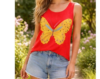 Vintage Silk Butterfly Tank Red Silk Tank Y2K Festival Wearable Art Asian L READ