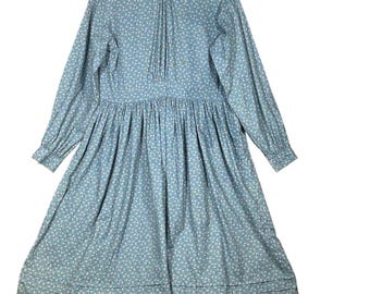 Vtg Prairie Country School Dress Blue Floral High Neck Cottage Core Small