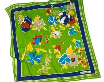 1960s-70s Christian Dior Scarf Square 34" Green Floral Silk Blend Retro Designer