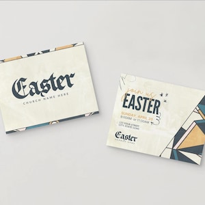 May include: A light beige invitation card with a geometric pattern in blue, yellow, and orange. The text reads "join us Easter" with the date and time of the event. The card also includes the church name and address.