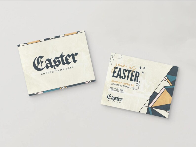 May include: A light beige invitation card with a geometric pattern in blue, yellow, and orange. The text reads "join us Easter" with the date and time of the event. The card also includes the church name and address.
