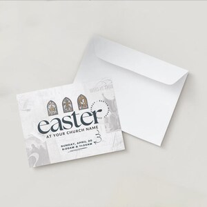 May include: White and grey Easter announcement card with a stained glass window design and the text "Easter at your church name Sunday, April 20 9:00am & 11:00am"