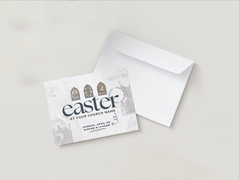 May include: White and grey Easter announcement card with a stained glass window design and the text "Easter at your church name Sunday, April 20 9:00am & 11:00am"