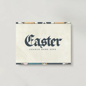 May include: A white card with a black, gothic font that reads "Easter" and "Church Name Here" on a white background with a colorful geometric border.