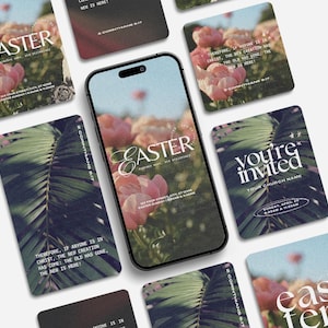 May include: A smartphone displays the word "Easter" in elegant script, surrounded by pink flowers. Several square cards with floral and palm leaf designs and text, including "You're Invited" and Bible verses, are scattered around the phone.