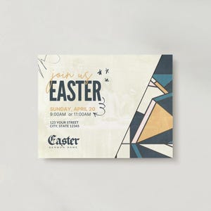 May include: An invitation to an Easter service with a geometric design in shades of blue, yellow, and pink. The text reads "join us EASTER SUNDAY, APRIL 20 9:00AM or 11:00AM 123 YOUR STREET CITY, STATE 12345 Easter SERMON NAME"