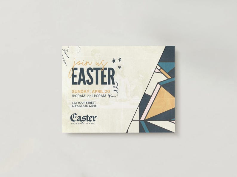 May include: An invitation to an Easter service with a geometric design in shades of blue, yellow, and pink. The text reads "join us EASTER SUNDAY, APRIL 20 9:00AM or 11:00AM 123 YOUR STREET CITY, STATE 12345 Easter SERMON NAME"