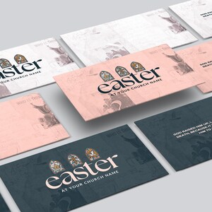 May include: Five different designs for Easter church flyers. Each flyer features a stained glass window design with the word "Easter" and the text "At Your Church Name". One flyer also includes a Bible verse from Acts 2:24.