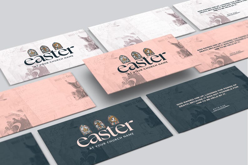 May include: Five different designs for Easter church flyers. Each flyer features a stained glass window design with the word "Easter" and the text "At Your Church Name". One flyer also includes a Bible verse from Acts 2:24.