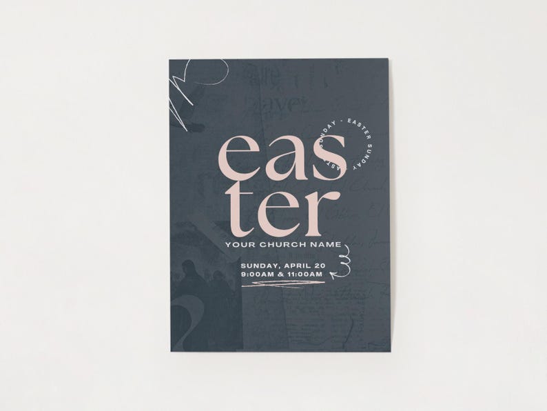 May include: A dark blue poster with white and pink text that says "easter" and "YOUR CHURCH NAME". The poster also includes the text "SUNDAY, APRIL 20 9:00AM & 11:00AM".