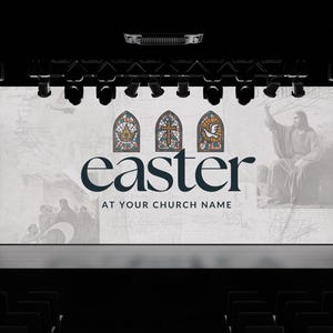 May include: A stage with a large screen displaying the word "easter" in a stylised font, with three stained glass windows depicting religious symbols. The text below reads "At Your Church Name".