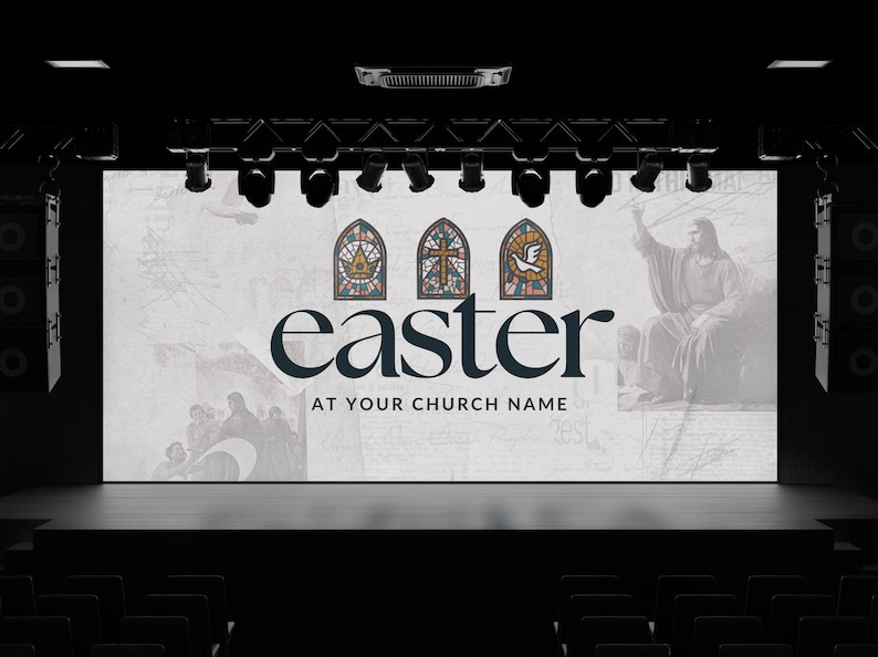 May include: A stage with a large screen displaying the word "easter" in a stylised font, with three stained glass windows depicting religious symbols. The text below reads "At Your Church Name".