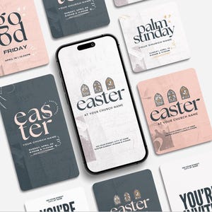 May include: A set of eight printable Easter cards in pink, blue and grey. The cards feature a church window design and the text "Easter" and "Palm Sunday".