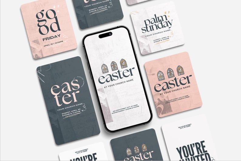 May include: A set of eight printable Easter cards in pink, blue and grey. The cards feature a church window design and the text "Easter" and "Palm Sunday".