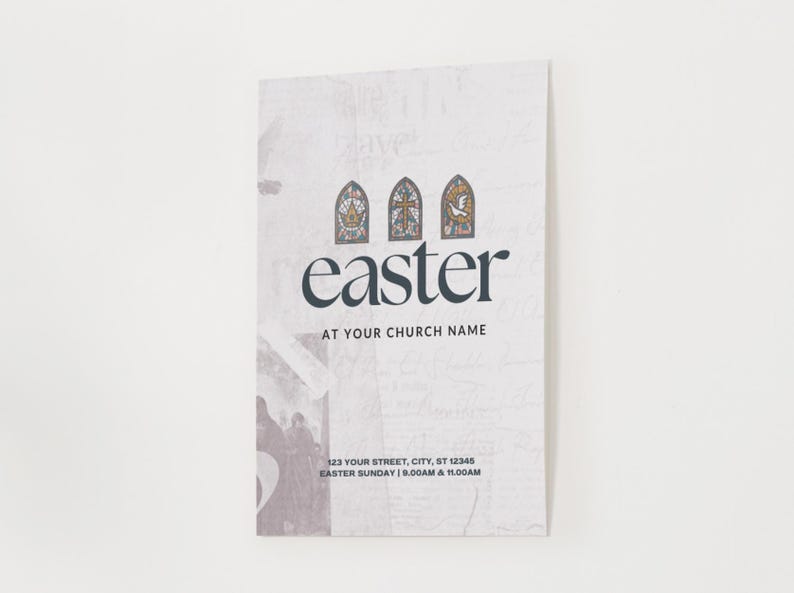 May include: A white poster with a textured background featuring three stained glass windows with a dove, a cross, and a crown. The text "easter" is in black text with the words "AT YOUR CHURCH NAME" below. The poster also includes the address "123 YOUR STREET, CITY, ST 12345" and the times "EASTER SUNDAY 9.00AM & 11.00AM".