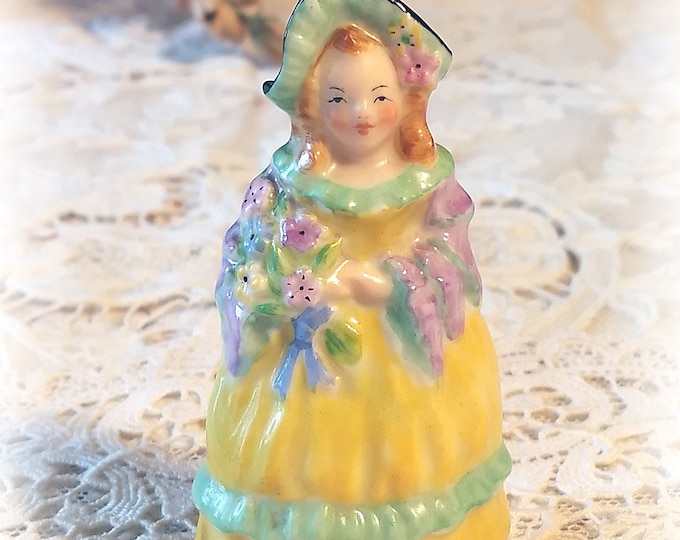 SUPER RARE Antique Vintage W.H. Goss Handpainted Miniature Porcelain Crinoline Lady Shaker Figurine, "Lorna", Yellow Shabby Chic Decor
