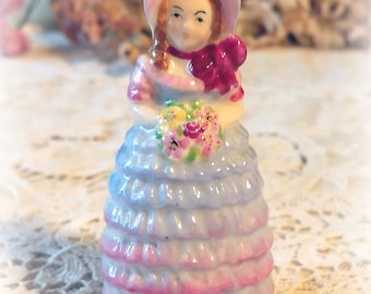 EXTRA RARE Vintage Antique W.H. Goss Handpainted Miniature Porcelain Crinoline Lady Shaker Figurine, "Bridesmaid", Blue Shabby Chic Decor