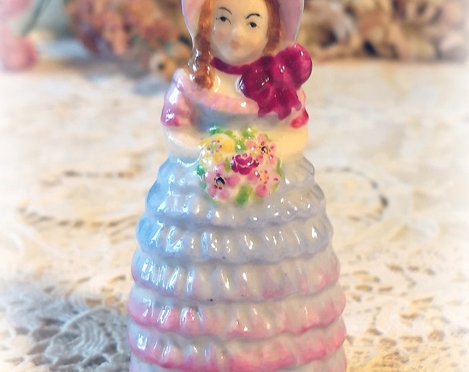 EXTRA RARE Vintage Antique W.H. Goss Handpainted Miniature Porcelain Crinoline Lady Shaker Figurine, "Bridesmaid", Blue Shabby Chic Decor