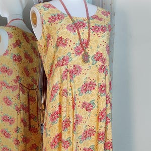 Gorgeous Vintage April Cornell Yellow Coral and Red Maxi - 1990s Cottagecore Springtime Vintage Style Print Dress - S - Rayon Crepe