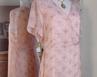 Exquisite Vintage April Cornell 2 PC Light Pink Print Sheer Chiffon Dress and Rayon Slip - Garden Party Tea Dress - Cottagecore - SZ M
