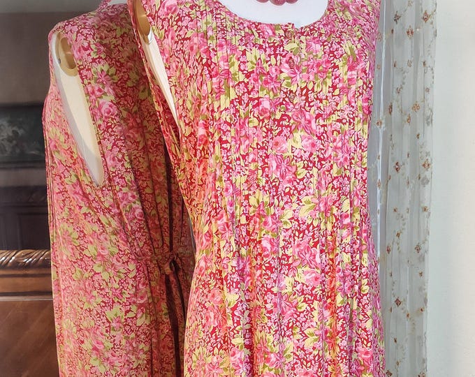 Lovely April Cornell April Too Vintage Cottagecore Rayon Crepe Dress / Pink Red Green Floral / Adjustable Back Ties - Wide Size Range SM-XXL