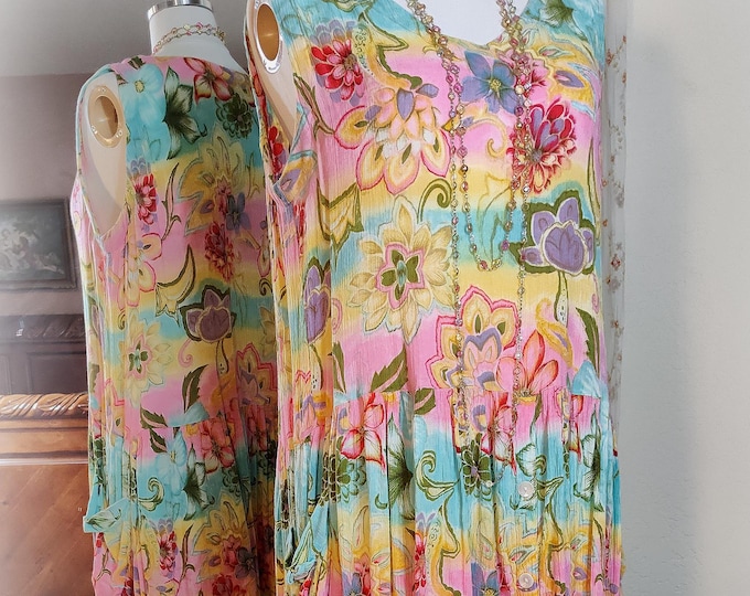 Vintage Pastel Rainbow 90s BILA Summer Sundress - Pink Blue Yellow- Soft Crinkle Rayon - Size M/L - Roomy Pockets