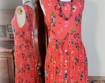 Vivid Vintage 90s BILA Summertime Garden Dress - Bright Coral Butterflies and Flowers Print - Soft Crinkle Rayon - Size M/L - Roomy Pockets