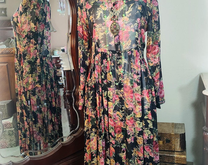 Vintage Nostalgia Fall Print Sheer Rayon Gauze Garden Party Tea Dress or Duster - 90s Vintage  - Long Sleeves Button Front - Size S/M