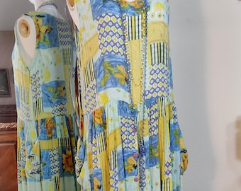 Awesome Ukrainian Colors Vintage 90s BILA Summer Dress - Vivid Blue and Yellow Print w/Sunflowers- Crinkle Rayon - Size M - Roomy Pockets