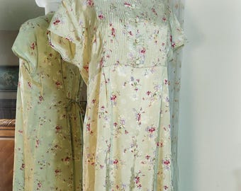Exquisite April Cornell Vintage Maxi Dress - Fabulous Pale Green and Magenta Silky Shimmery Floral Rayon - 90s does 30s Art Deco  - M/ML
