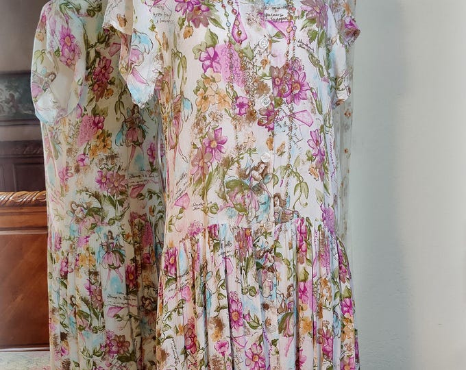 Gorgeous Vintage 90s BILA Flower Fairies Print Garden Party Tea Dress - Button Front - Full Skirt - Super Soft Crinkle Rayon - SZ Medium/SM