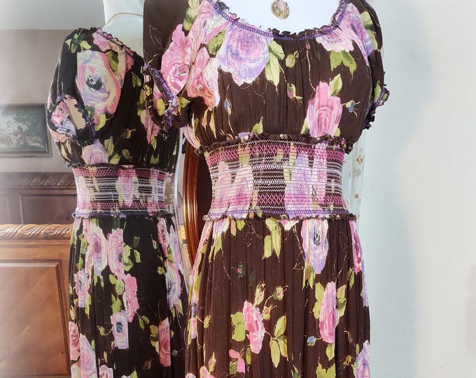 Exquisite Vintage 80s/90s BILA Garden Party On/Off Shoulder Smocked Dress - Nostalgic Floral - Soft Woven Rayon  - Cottagecore Floral -SM/M