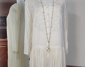 Romantic 1920s Inspired Ivory Embroidered Georgette Dress and Slip - True Antique Look - 90s Vintage 20s Wedding or Gatsby Garden Party