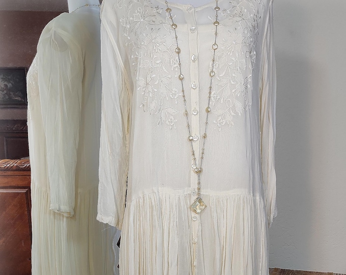 Romantic 1920s Inspired Ivory Embroidered Georgette Dress and Slip - True Antique Look - 90s Vintage 20s Wedding or Gatsby Garden Party