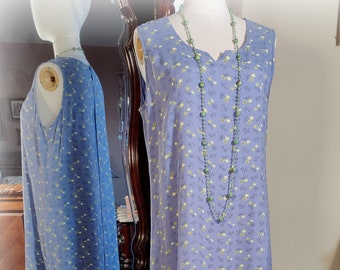 April Cornell Vintage Periwinkle Blue and Green Border Print / 90s Does 20s Dress / Rayon Crepe / Size M/L