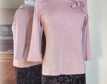Sparkly Holiday 2 Piece Vintage 90s NWOT Set - Metallic Pink 50s Style Silk Sweater and Black Velvet Pink Sparkles Skirt