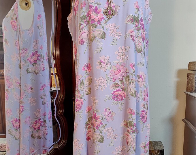 Beautiful April Cornell Vintage - 90s does 20s Beaded Embroidered Appliqued Periwinkle and Pink Maxi Dress - Plus Size XL - Rayon Crepe