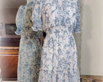 Gorgeous Soft Blue and White Toile Georgette/Chiffon Maxi Dress - Smocked Waist and Sleeves - Tiered Skirt - Ruffle Trim -  Border Print - S